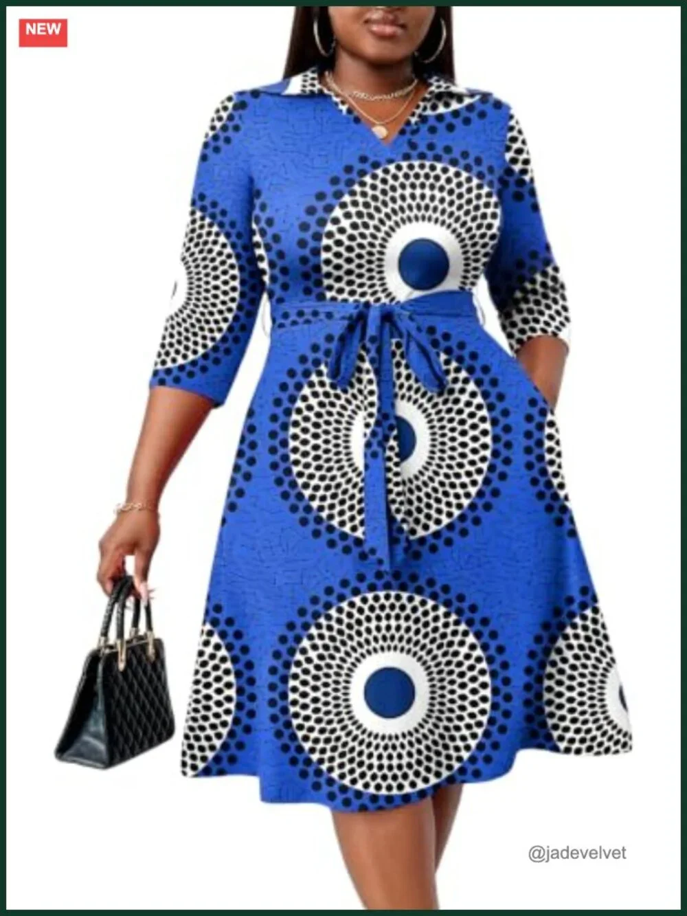 Plus Size A-Line Midi Dress with Pockets and Belt - African Print